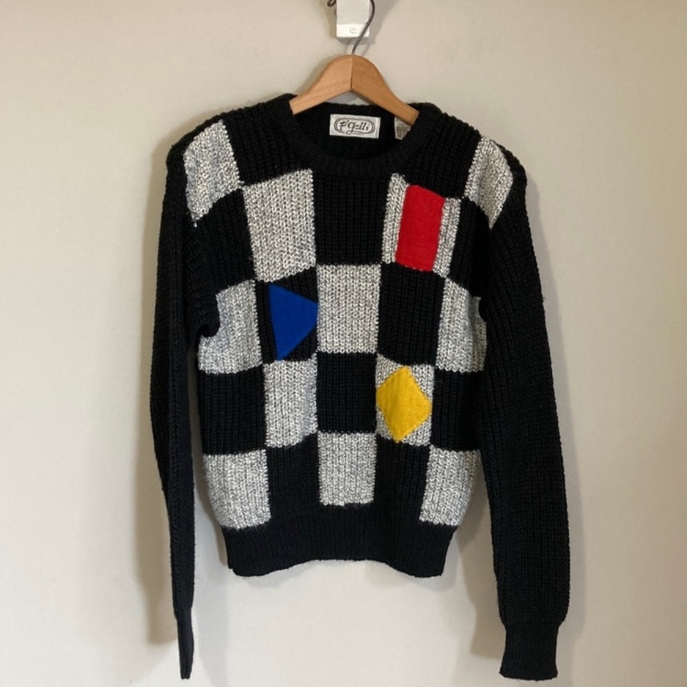 Vintage Geometric Sweater, Black, Gray, Primary Colors, Checkered, Size Large
